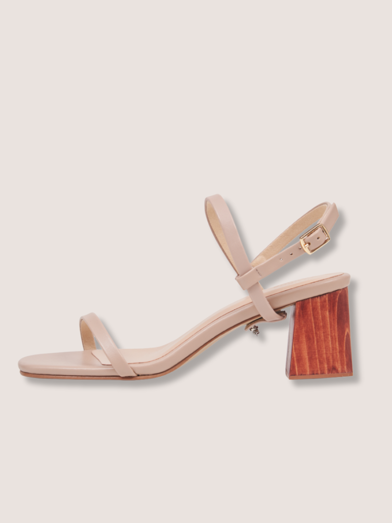 Light Beige Nude Convertible Women Handcraft Wooden Heel with detachable slingback ankle straps