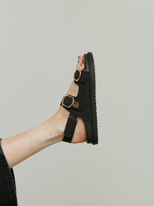 Black Sandal with detachable strap with rose gold buckle detail