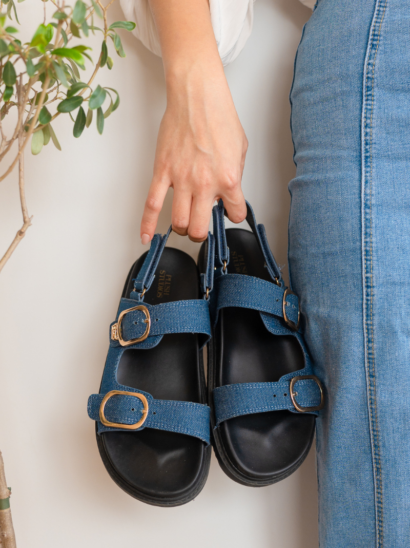 Top View of Denim Sandal with detachable sling-back ankle strap 