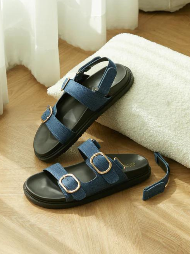 Denim Slide-on and Sandal with Detachable straps,  Rose Gold Detail Buckle