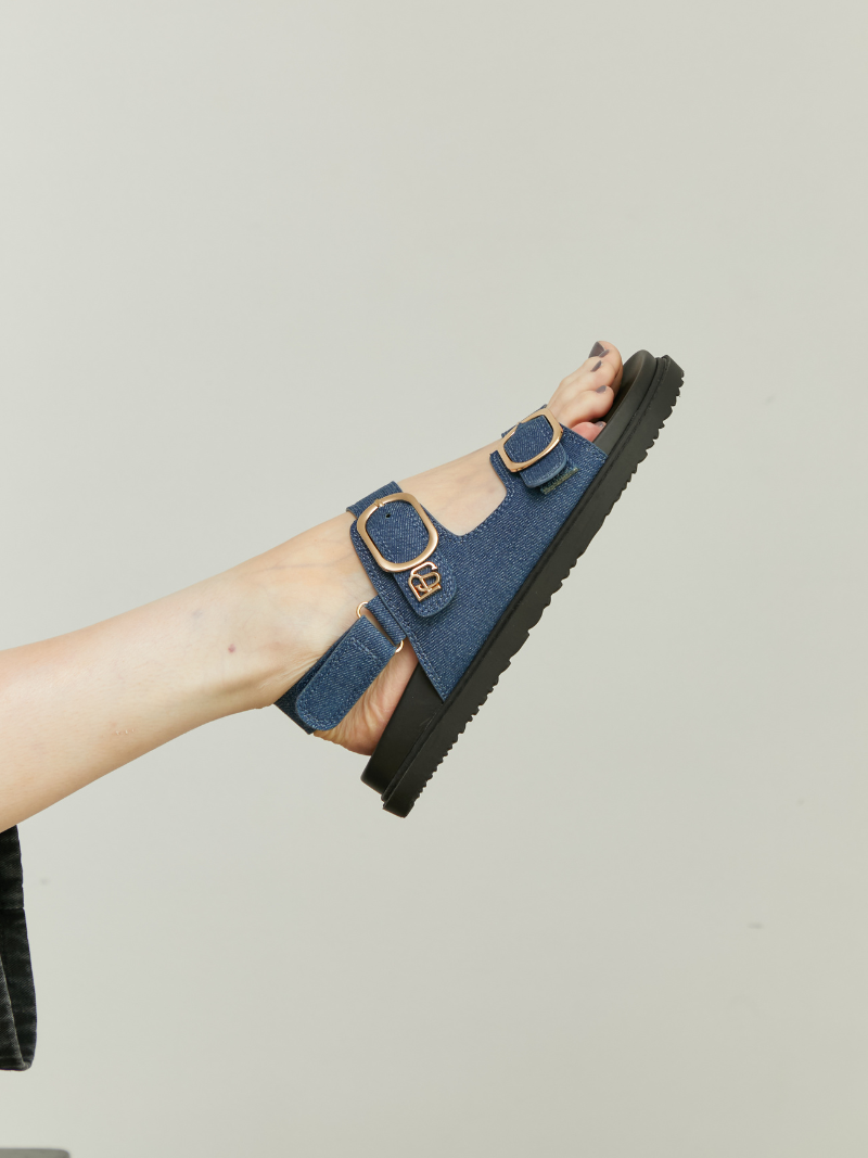Denim slide-on with detachable ankle straps side view