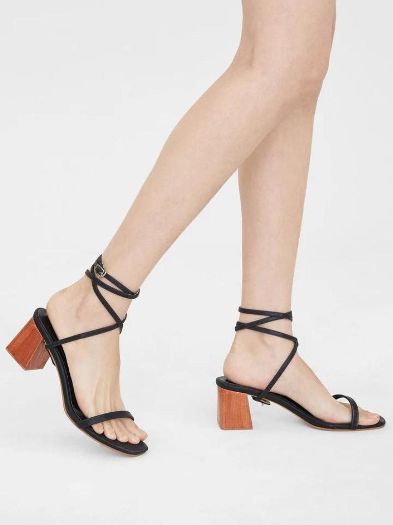 Ladies black heels with freeform front crossed ankled straps and wooden block