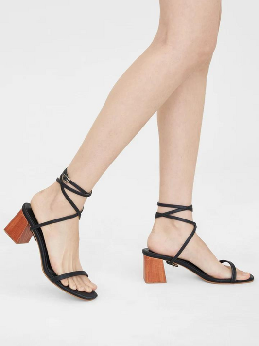Ladies black heels with freeform front crossed ankled straps and wooden block