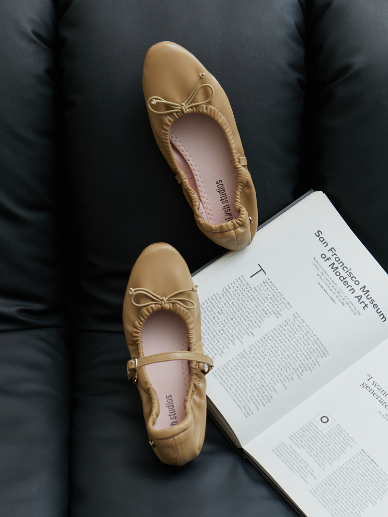 Taupe Flats with detachable Maryjane Straps front view
