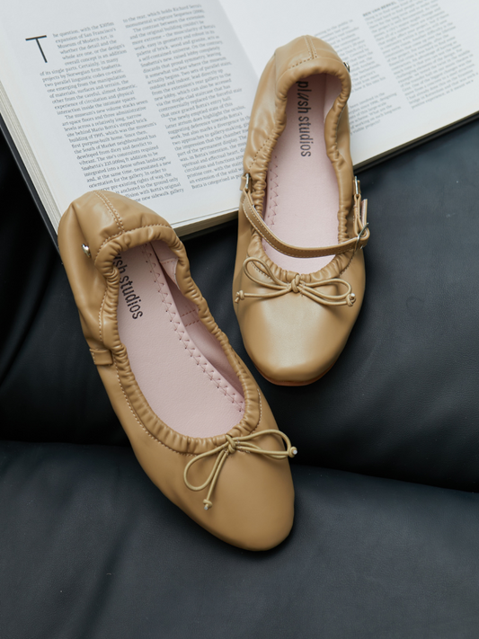Classic Pumps  flats Taupe light brown Tan with detachable Maryjane Strap Ribbon detail 